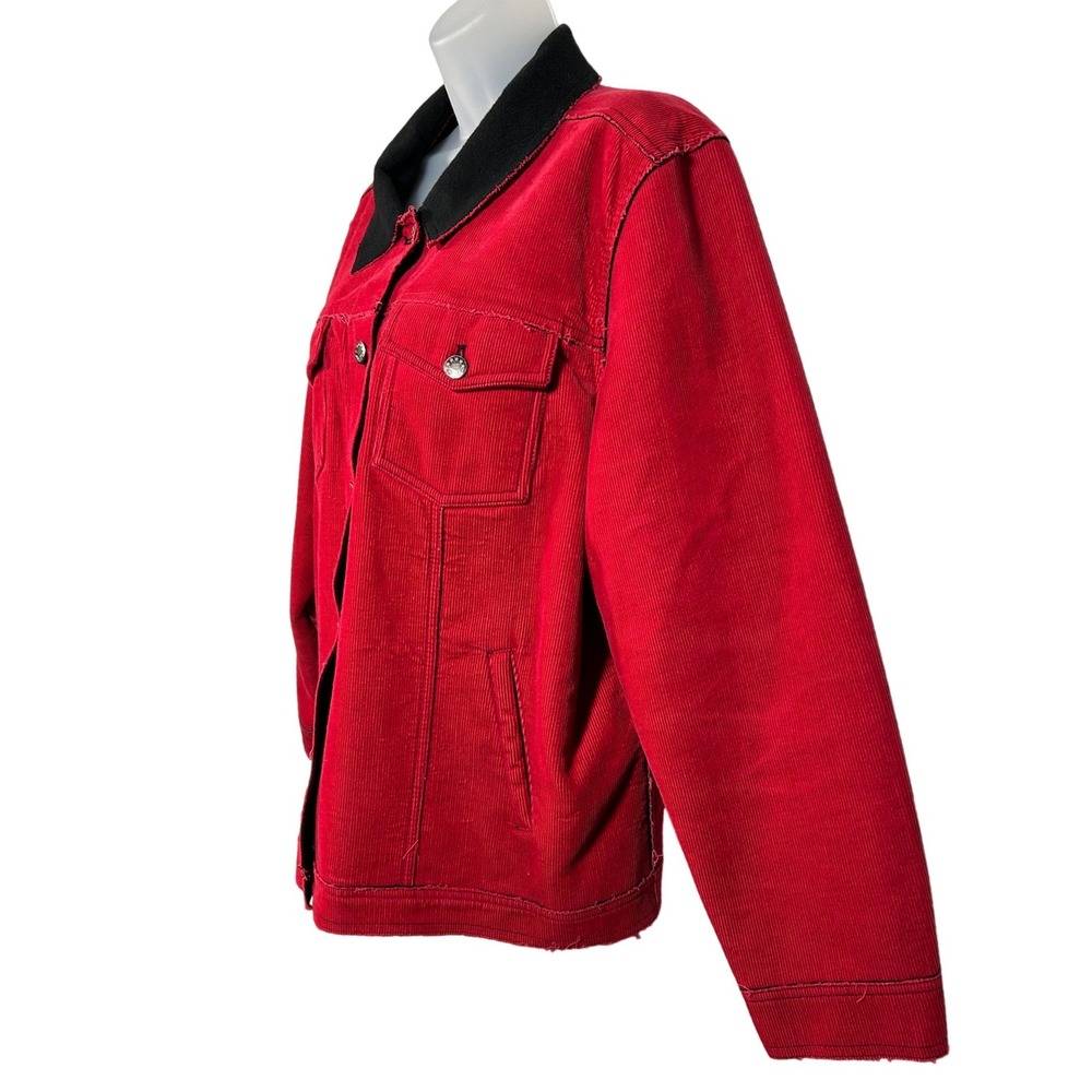 Denim & Co Womens Red Corduroy Trucker Jacket Contrast Collar Raw Hem Western XL - Picture 5 of 8